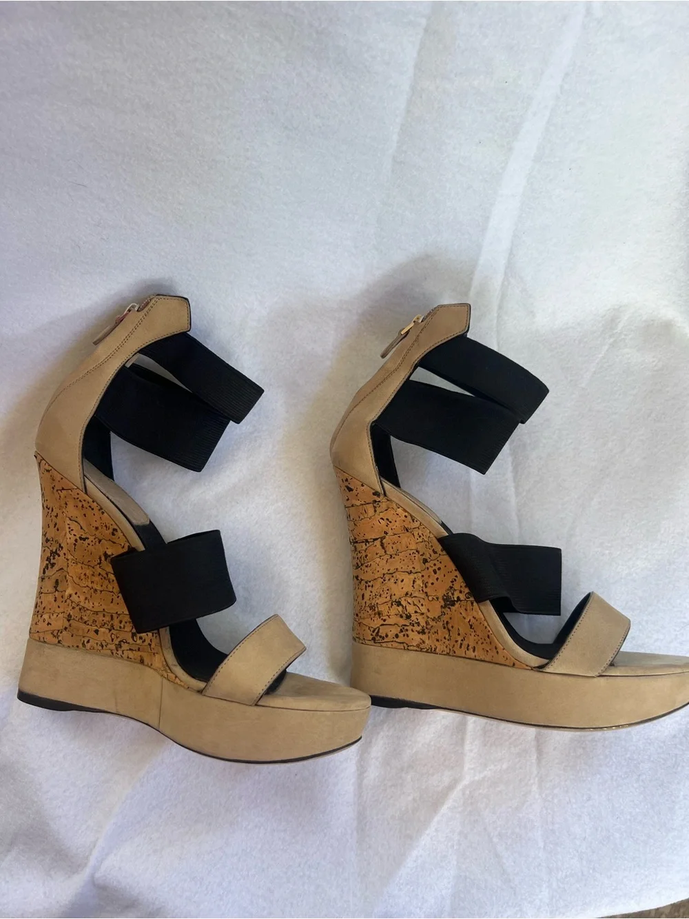 Donna Karan Beige and Black Cork Wedge Sandal
